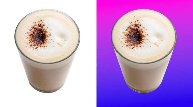 Glass of creamy coffee with frothy milk foam isolated on a white and gradient background