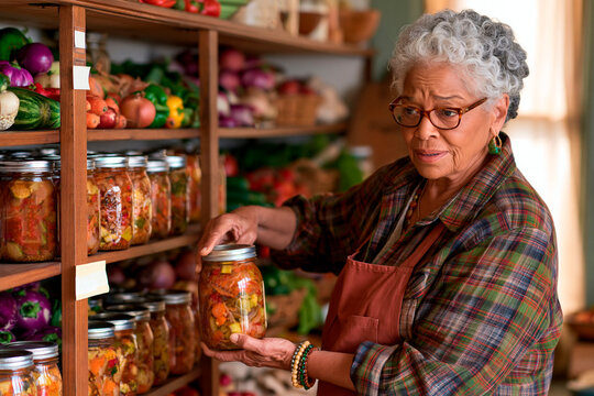 Senior woman organizing jars of preserved vegetables on pantry shelves with fresh produce and homemade food