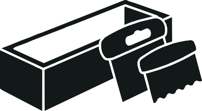 Drywall mud pan with taping knives vector icon, plastering trowel spatulas and notched scraper set black silhouette, isolated on white background