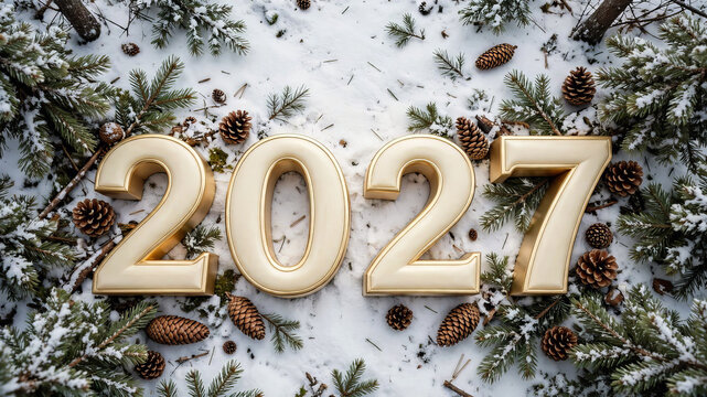 Golden 2027 Numbers on Snow with Pine Cones and Evergreen Branches