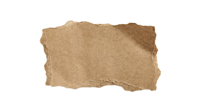 A torn rectangular piece of brown cardboard with rough frayed edges