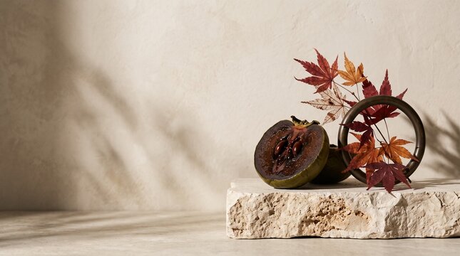 Autumn decor fine art banner with halved black sapote persimmon, dried Japanese maple leaves in bronze ring on limestone block, chalk wall background with window shadow [with copy space]