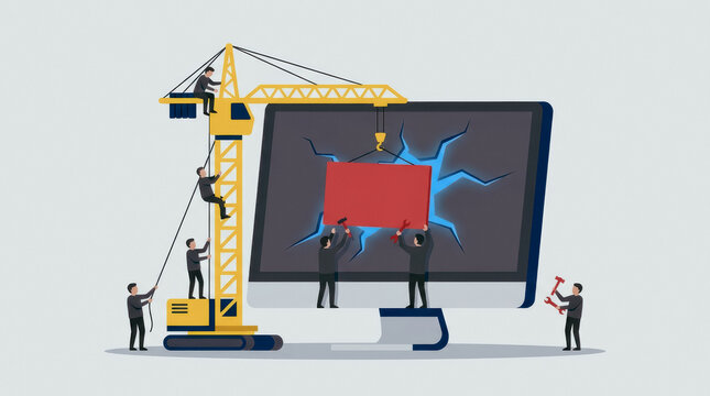 Construction workers repairing a cracked computer screen