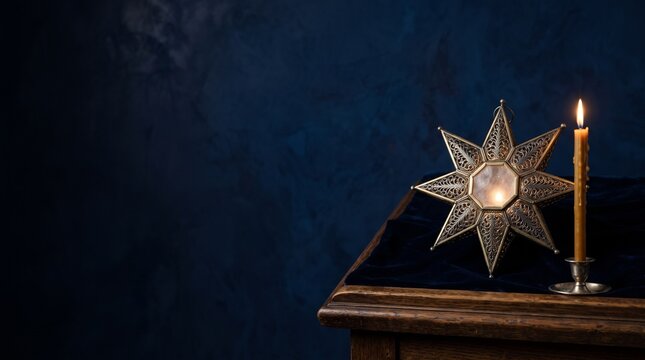 Romanov Baroque style Christmas banner with antique brass processional Bethlehem star with mica window, burning beeswax candle on velvet analogion, cobalt wall background [with copy space]