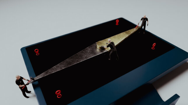 Three workers adjusting a large golden compass needle