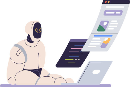 Robot works at laptop. AI, artificial intelligence, business automation, automated process, machine learning concept. Android bot at computer. Flat vector illustration isolated on white background.