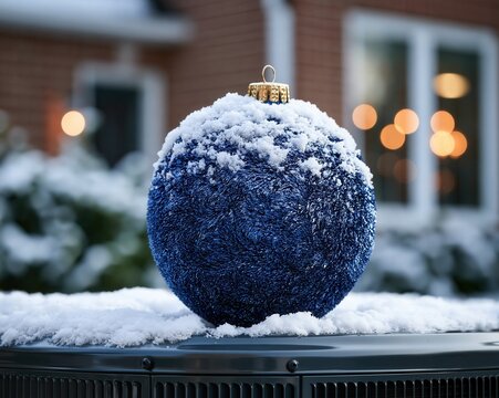 A blue Christmas tree ball lies on a metal container in the garden