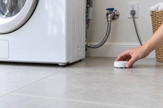 Hand places a water leak sensor beside a washing machine in a laundry room
