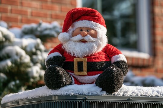 A Christmas fabric Santa Claus toy sitting on a metal container in the garden