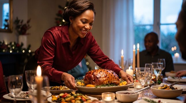 Woman serving a festive ham at a family dinner, by candlelight