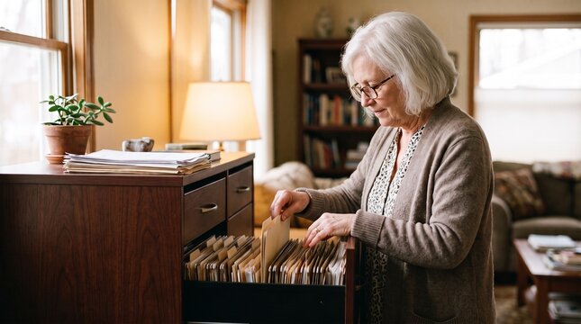 Senior woman organizing files in a filing cabinet at home
