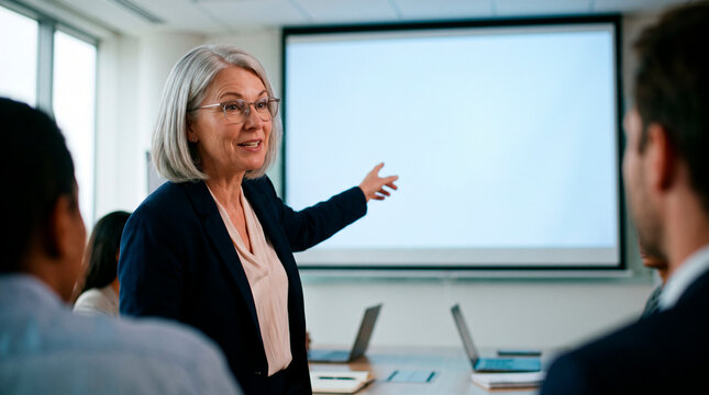 Experienced businesswoman leading a presentation in a modern office meeting room