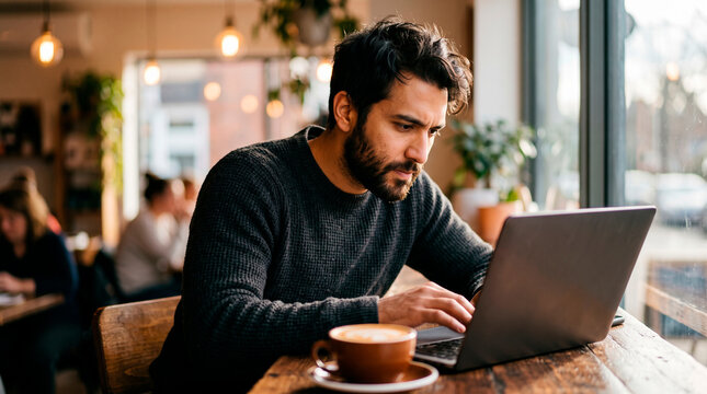 Man working on a laptop in a cozy coffee shop