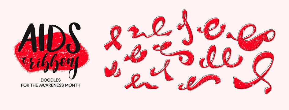 Vector set of AIDS red ribbon doodles for AIDS Awareness Month.