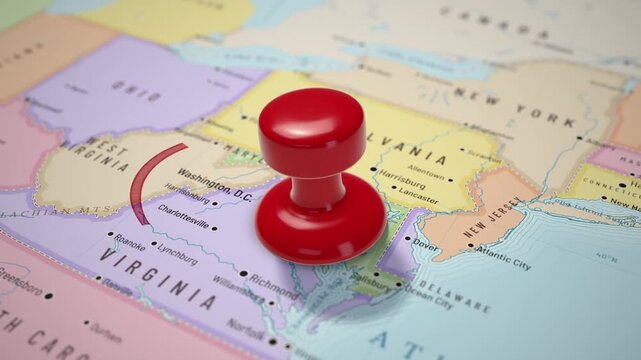 Red push pin drops on a US East Coast map as a circle draws around the Washington D.C. area