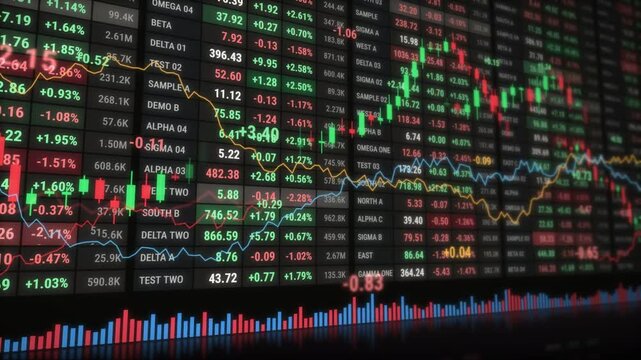 Financial market data board with candlestick charts and changing prices panning sideways, seamless loop