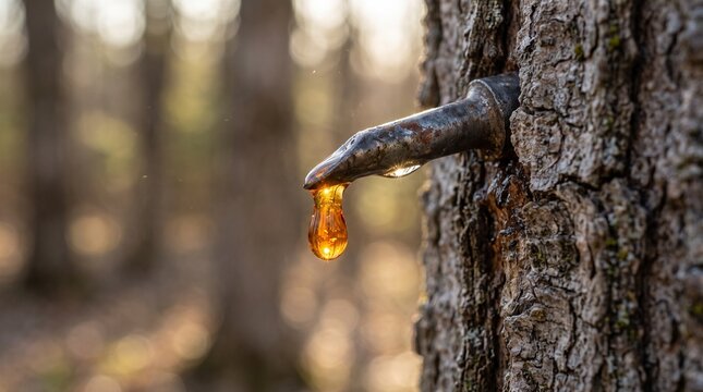 Tree Sap Dripping From Spout in Forest Sunlight
