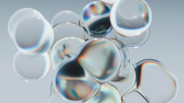 Futuristic Translucent Bubble Composition with Iridescent Chrome Surfaces and Pearlescent Highlights