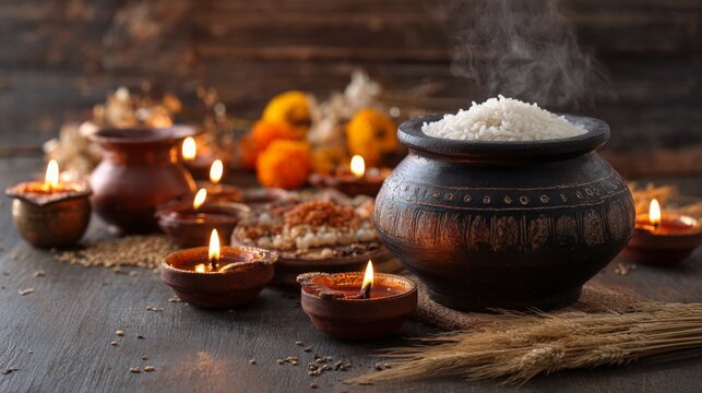 Steaming rice in clay pot with glowing oil lamps on wooden table. Traditional food preparation for Pongal festival. Cultural symbols of harvest celebration, prosperity, and gratitude.