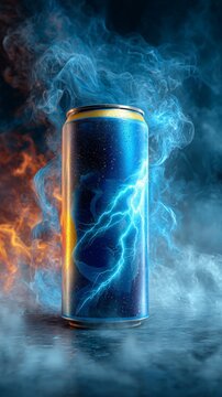 Energy drink can with lightning strike design surrounded by swirling blue and orange smoke. Dynamic refreshment advertising for intense performance, active lifestyle and vitality beverage.
