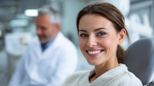 Woman patient sitting in chair smiling at dentist clinic. Caucasian girl showing healthy white teeth during medical checkup. Professional dentistry service and oral healthcare concept.