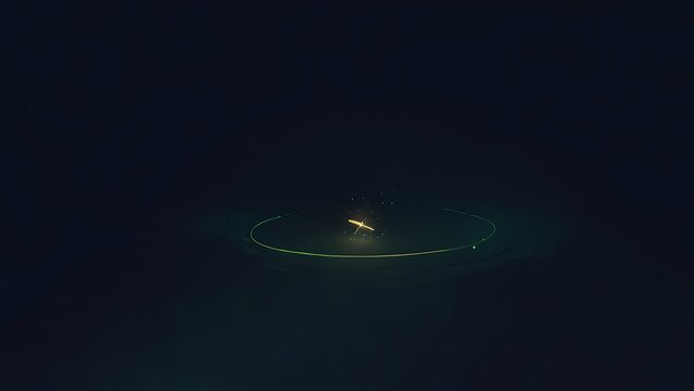 Glowing golden light spark with green circular ring on dark black background