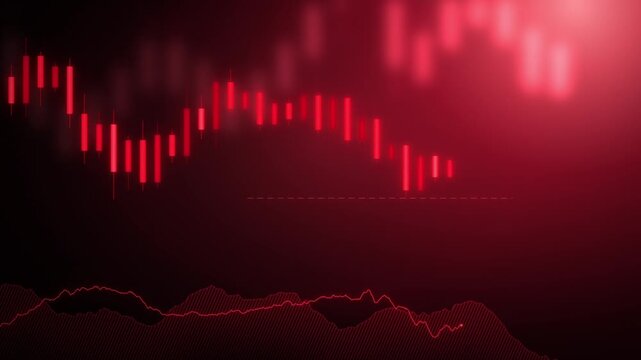 Candlestick chart breaks below a support line and plunges in a sudden market crash on a dark red screen