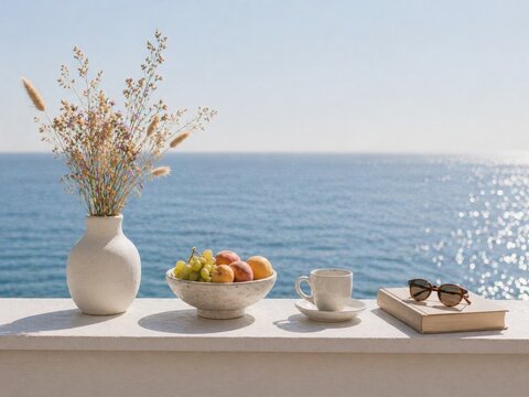 Summer breakfast set with fruit, flower, coffee, and book on a balcony overlooking the sea. Morning vacation scene with a bowl of grapes, coffee cup, and sunlight on the terrace.