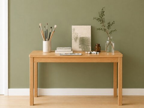 Artist wooden desk with painting brushes and canvas. Creative supplies for art hobby. Minimalist home office workspace interior against a green wall. Relaxation and hobby lifestyle.