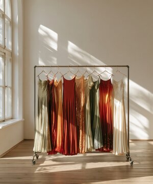 showroom with a metal clothing rack displaying colorful dance costumes for ballroom dancing