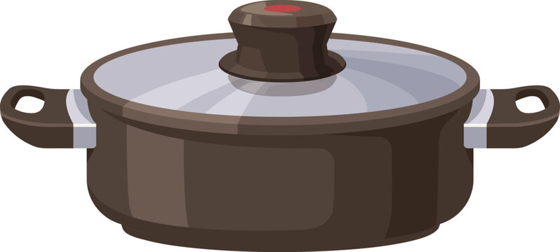 Stewpot, non-stick kitcheware for cook. Stewpan covered with lid. Kitchen stew pot. Cooking culinary appliance, cookware. Flat vector illustration isolated on white background.