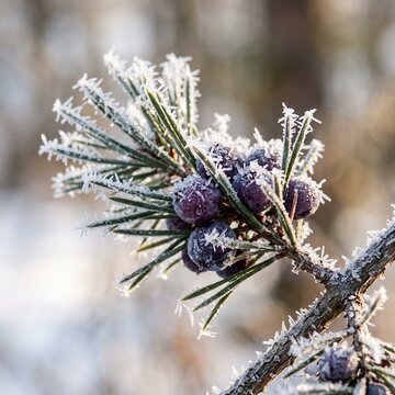 Macro frost crystals coating ripe winter berries and pine needles in crisp morning light