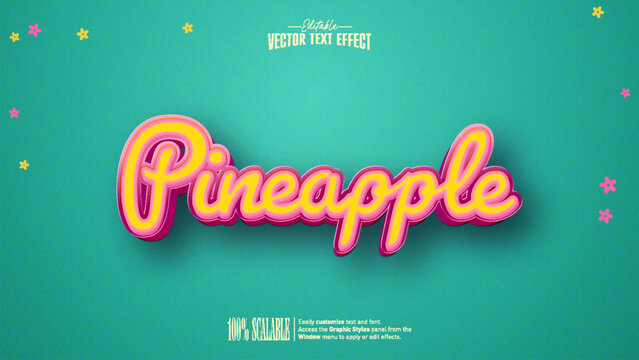 Pineapple script lettering vector text effect in yellow and pink with magenta 3d extrusion on teal background