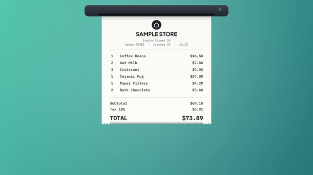 Shopping receipt prints out of a slot line by line, then a red paid stamp lands on the total