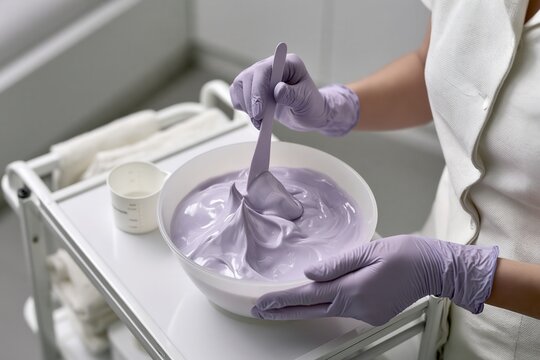 a professional esthetician preparing a fresh alginate facial mask in a small flexible silicone mixing bowl