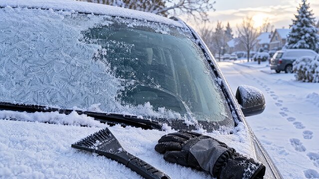 Car windshield covered in frost and snow with an ice scraper and winter glove on the hood