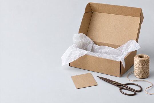Open Cardboard Box with White Tissue Paper Scissors and Twine on Grey Surface