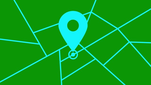 Animated blue location pointer icon on the map. Location pin, GPS tracker, destination. GPS map of the city with place marker. Vector flat illustration isolated on a green background. Looped video.
