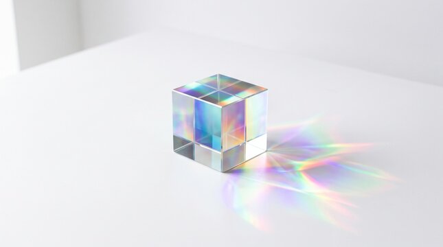 Holographic glass cube casting vibrant rainbow light refraction on a clean white surface