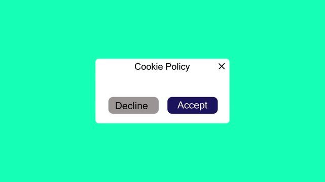 Interactive UI pop-up window prompt labeled Cookie Policy featuring dual option buttons Decline and Accept over a bright green chroma key background. Animated digital agreement notification modal
