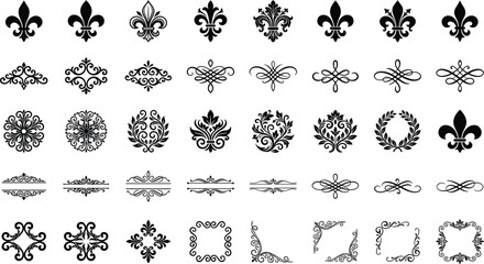 Ornate vintage heraldic fleur de lis dynamic dividers and floral border frame element silhouettes set on white backdrop © MstHusna