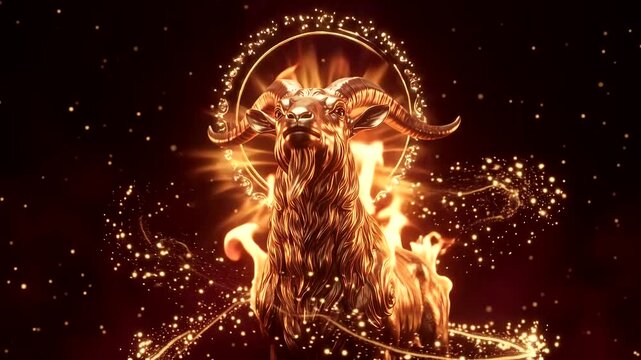Chinese Zodiac Fire Goat 2027 symbol burning with flames and glowing sparks