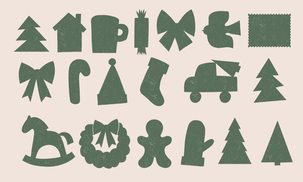 Vintage Christmas Ornaments. Silhouette Hand Drawn Vector Set