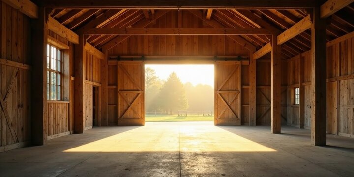 Golden Sunlight Illuminates Empty Wooden Barn Interior with Open Doors Revealing Serene Pastoral Landscape