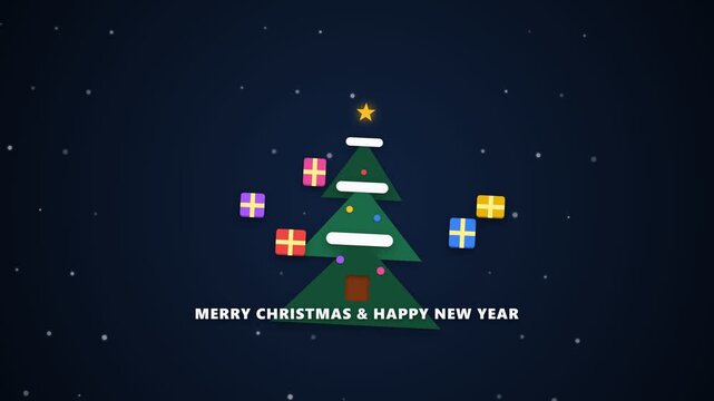 Minimalist animated Christmas tree with falling gifts and snow background