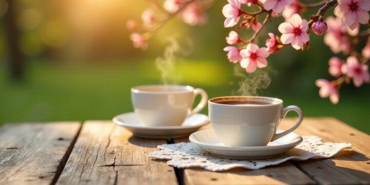 Serene morning; two steaming cups of hot beverage rest on a rustic wooden table, adorned with delicate doilies, beneath the gentle glow of sunrise and blossoming branches.