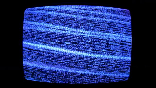 Retro CRT TV Screen with Pink Sync Bars and Wavy Blue Analog Glitch on Black Background. Real VHS Tracking Signal Error 4K.
