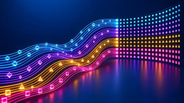 Colorful neon waves carrying geometric shapes into a structured digital grid representing data classification, sorting algorithms, and analytics
