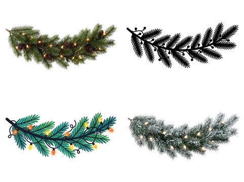 Christmas evergreen garland set featuring realistic pine branches with warm lights and snow beside flat vector illustrations and black silhouettes