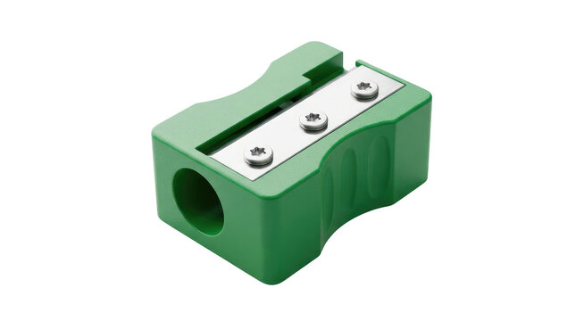 A close-up studio shot of a bright green plastic pencil sharpener featuring a long metal blade secured by three star-head screws, viewed from an angle against a plain solid white background